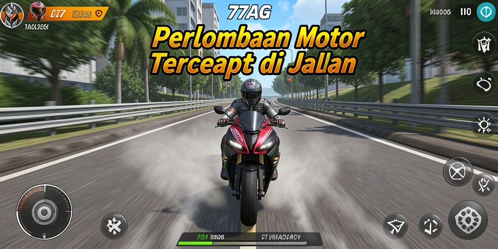 Screenshot utama 77AG menunjukkan aksi balapan motor yang mendebarkan.