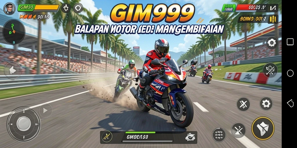 Screenshot gameplay GIM999 menampilkan balapan motor yang intens dan mendebarkan.