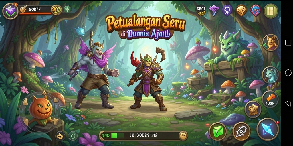 Tampilan gameplay GOD77 dengan karakter berpetualang di dunia magis.
