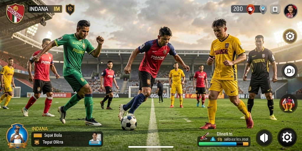 Tampilan gameplay mendebarkan dalam INDAAA dengan aksi sepak bola yang intens.