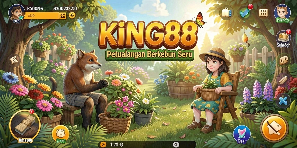 Tampilan seru gameplay KING88 saat berkebun.