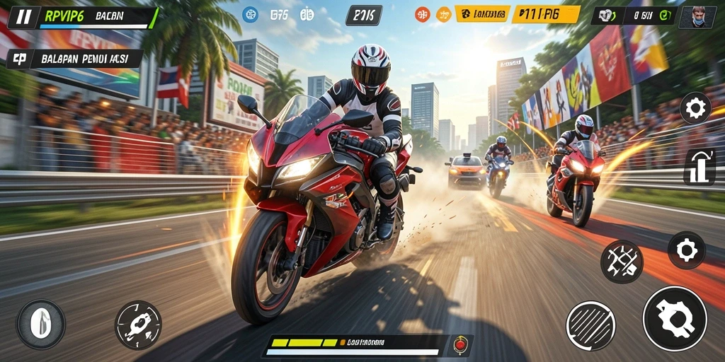 Tampilan gameplay seru dari RPVIP6 dengan aksi balapan motor yang mendebarkan.