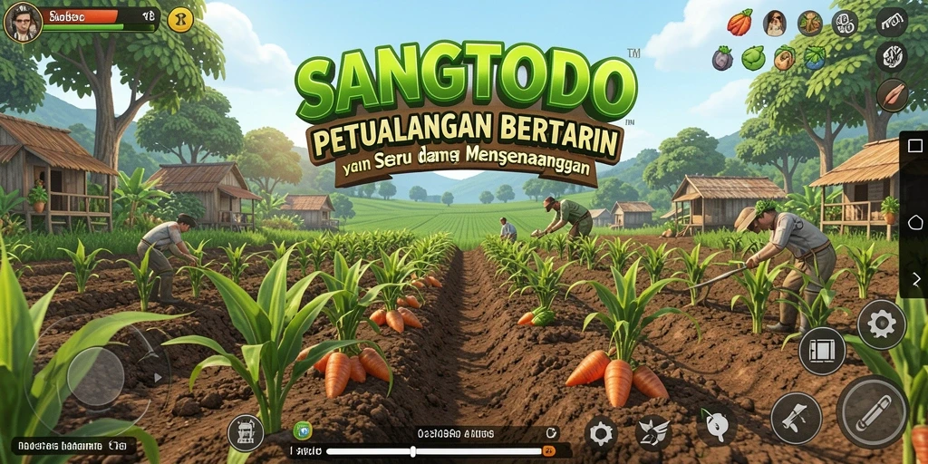 Tampilan gameplay <strong>SANGTOTO</strong> dengan ladang hijau yang subur dan hewan lucu.