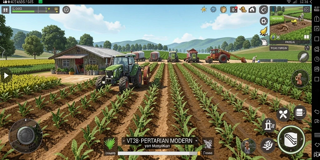 Gameplay VT38 dengan pertanian yang aktif dan interaktif.